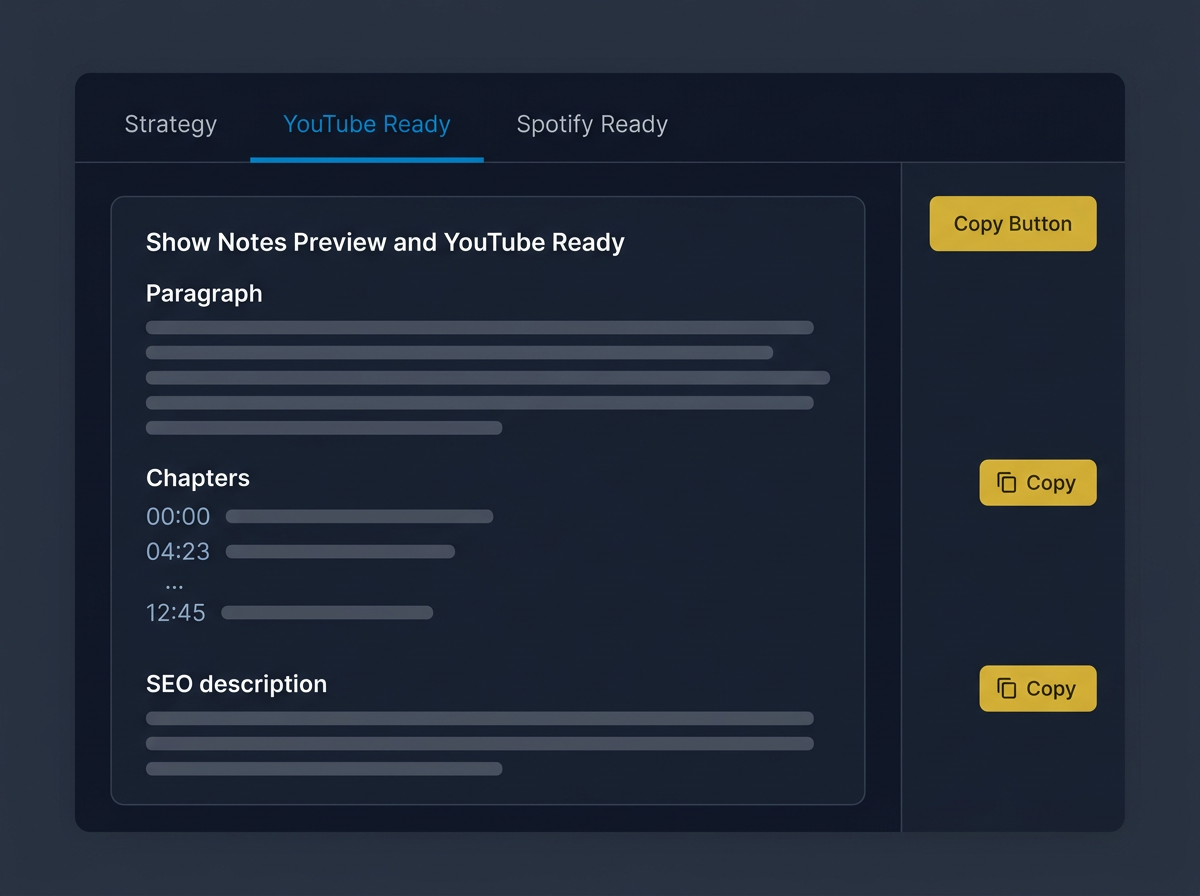 Production engine with Strategy, YouTube Ready, and Spotify Ready tabs