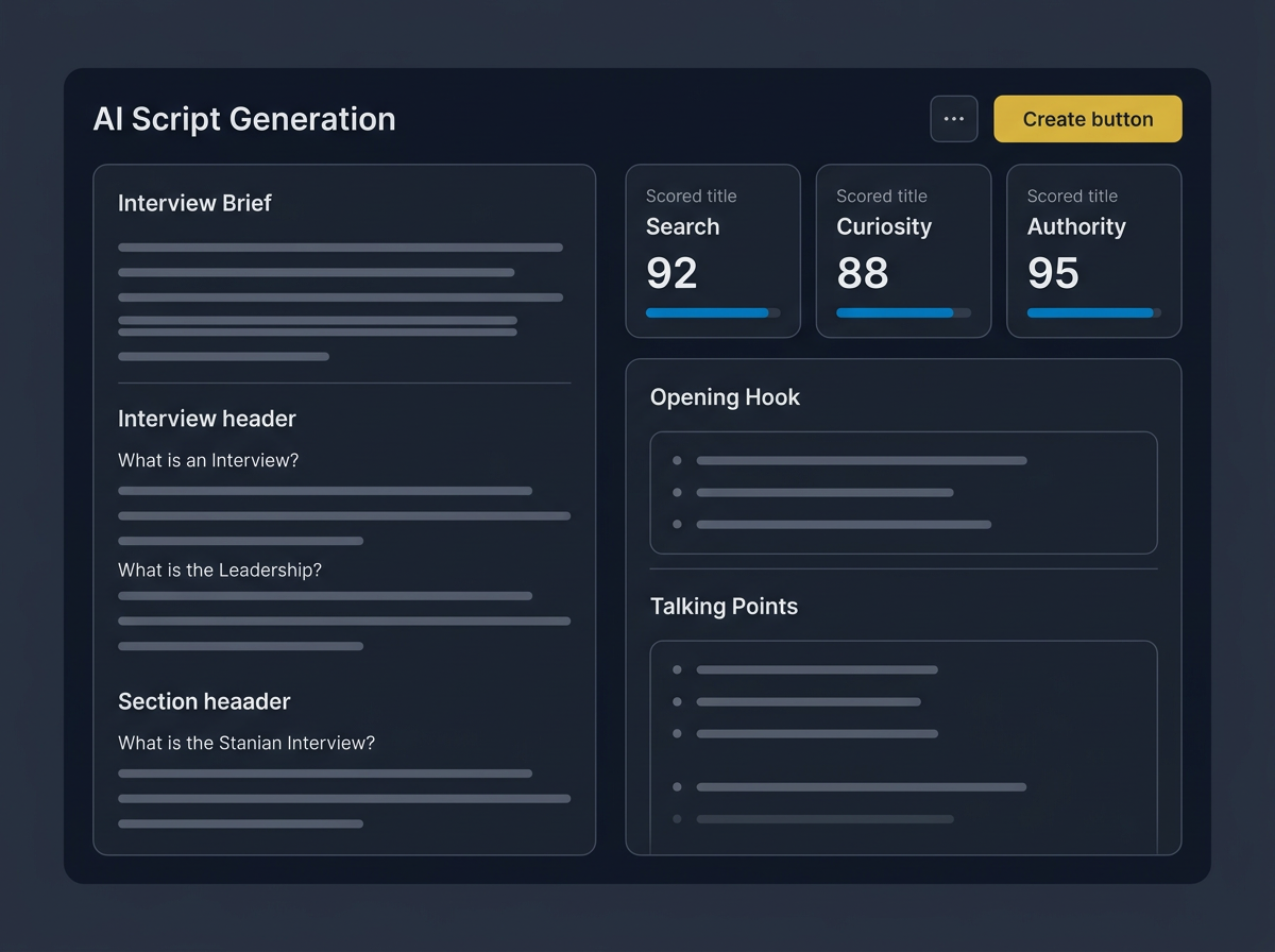 AI script generation interface with interview brief and scored title cards